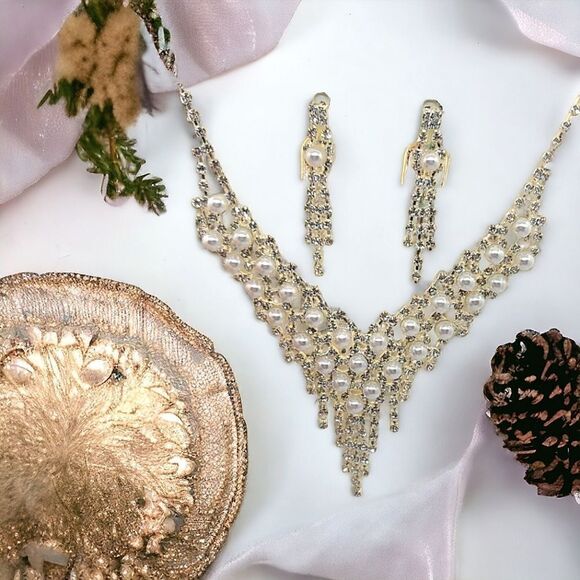 Fancy Rhinestone Pearl Jewelry Set Dangle Earrings Classic Wedding Bridal Bride - Picture 4 of 11